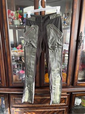 Olive Green Faux Leather Paneled Moto Pants